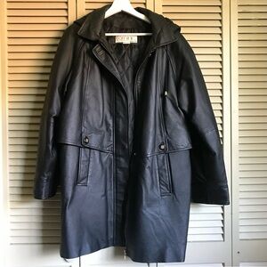 Comint apparel group long hooded vintage black leather coat jacket